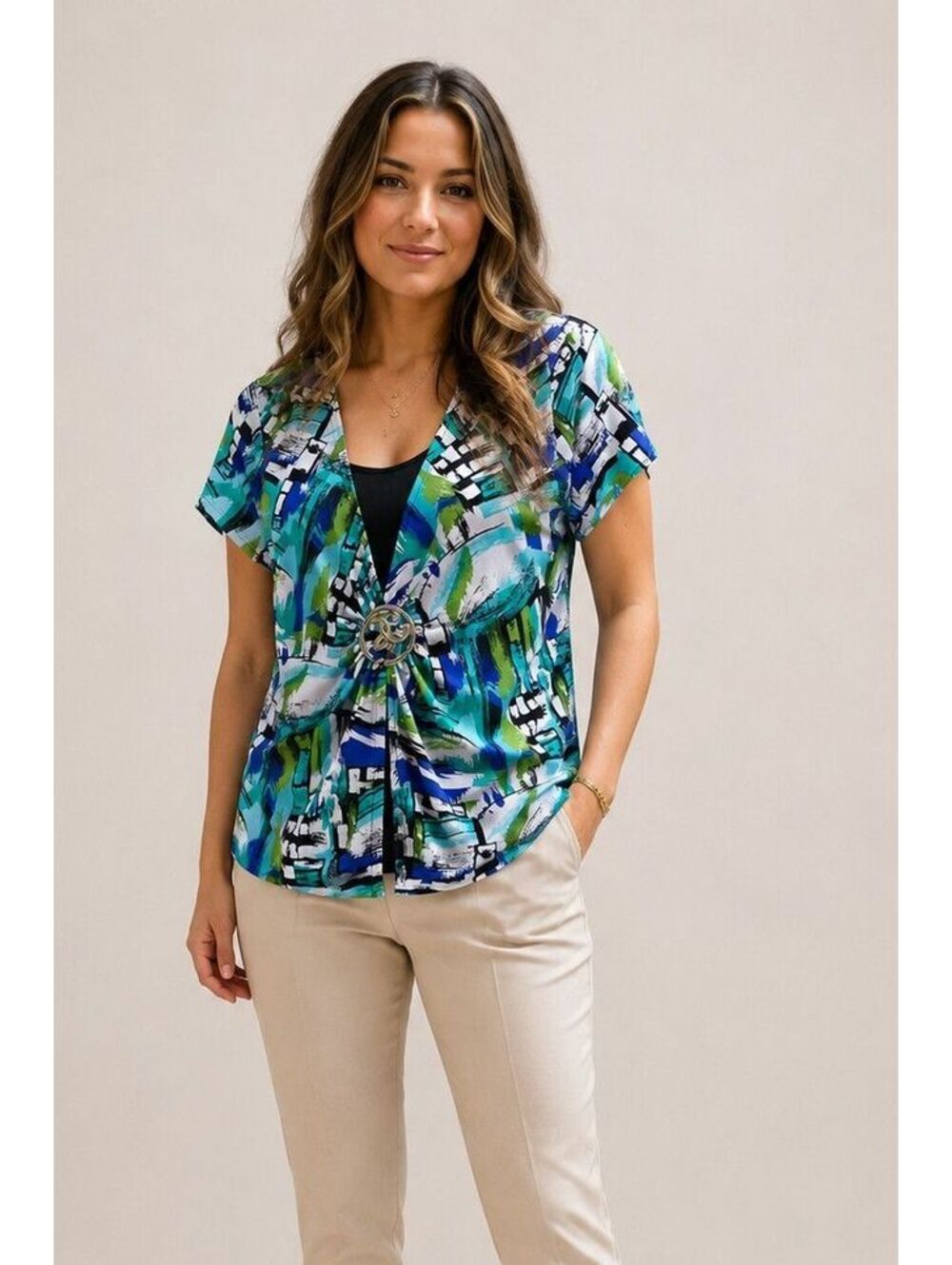 Kim Rogers Women's Abstract Print Short Sleeve Top with Decorative Buckle